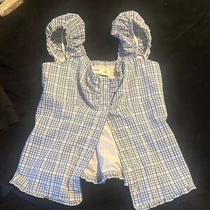 Hollister Blue and White Checkered Ruffle Top